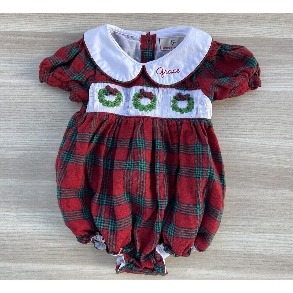 Smockingbird Wreath Smocked Red and Green Plaid Bubble One Piece Size 18M